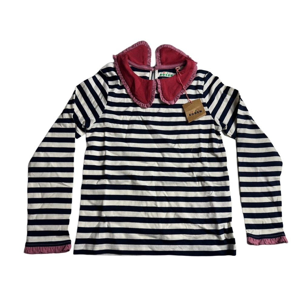 Mini Boden Girls 8-9Y Navy Striped Long Sleeve Top Pink Ruffle Peter Pan Collar
